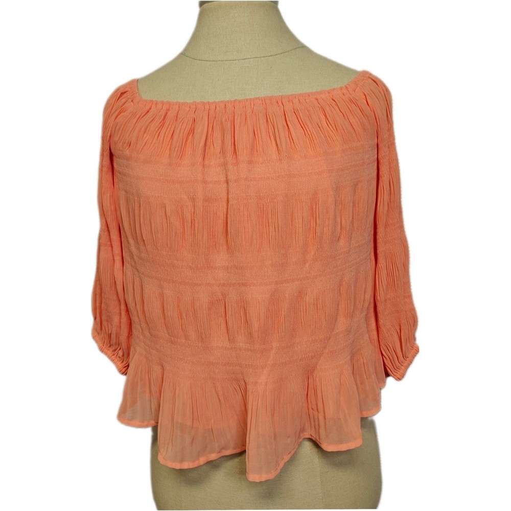 Express XS Coral Peach Crinkle Pleated Off the Shoulder Crop Top Stretchy